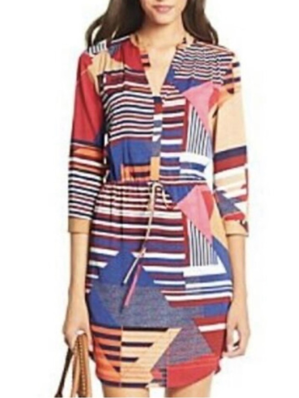 DVF Freya Geometric Silk Print Drawstring Waist Shirt Dress - Multi-Color 10